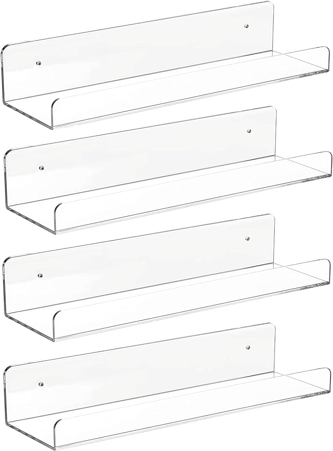 CY craft 4 PCS Clear Acrylic Floating Wall Ledge Shelf 15 Inch Wall Mounted Nursery Kids Bookshelf, Invisible Hanging Shelves for Wall Storage,Toy Picture Ledge Display Shelf Bathroom Storage Shelves-NeatNest