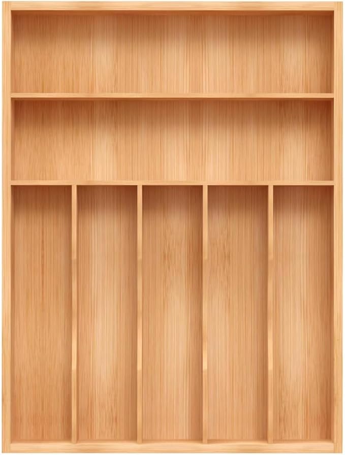 Bamboo Utensil Drawer Organizer, Silverware Tray Organizer, Kitchen Drawer Organizer for Flatware Cutlery, Silverware Tray for Drawer (brown, Large 16.5x12.3 Inch)-NeatNest