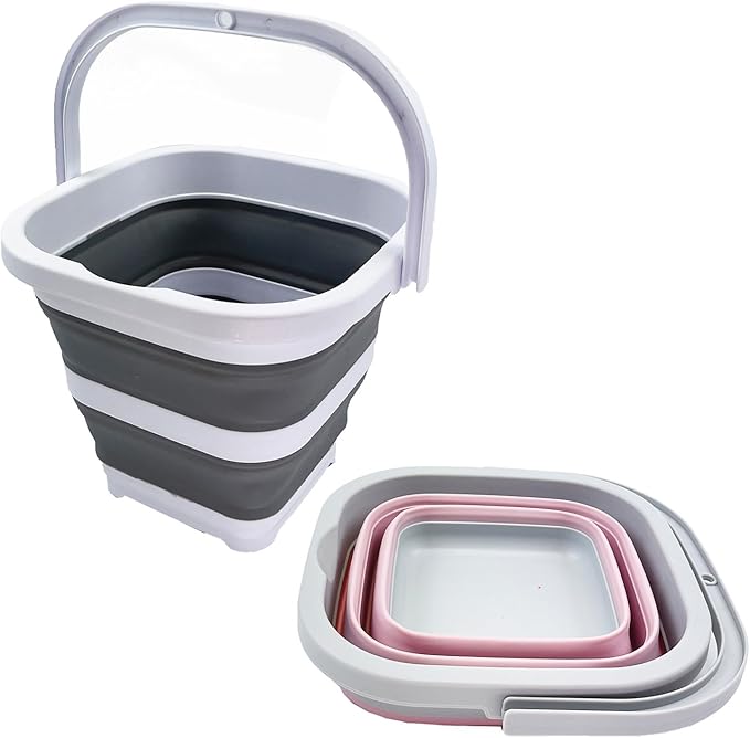 SAMMART Collapsible Rectangular Cleaning Bucket 5L (1.3 Gallon)- Foldable Camping Beach Sand Water Pot Pail- Portable Space Saving Tub for Household, Outdoor Car Washing (Grey + Pale Pink (Set of 2))-NeatNest