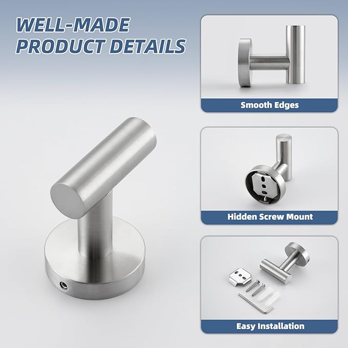 APLusee Brushed Nickel Towel Hook for Bathroom, 304 Stainless Steel Coat Hook, Wall Mounted