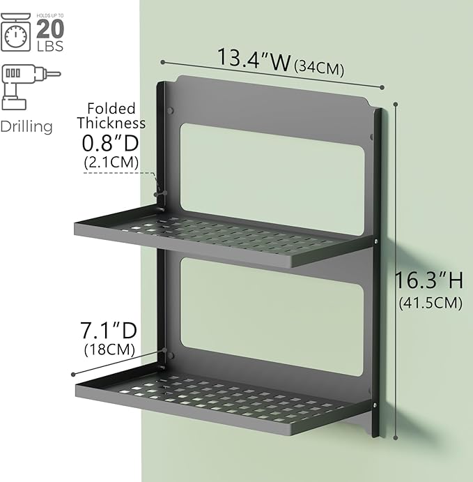 2-Tier Folding Metal Shelf Wall Mounted | Small Foldable Wall Shelf | Dorp Down | Combined Stackable | Double Layer Small Floating Shelf for Laundry Room Bathroom Utility RV | 13.4" (Black)