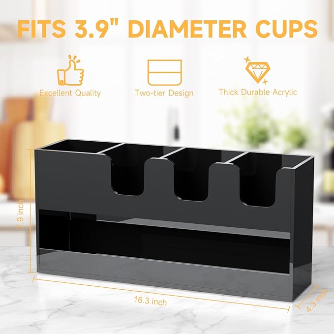 Coffee Condiment and Cup Organizer - 2-Tier Upright Cup and Lid Holder with Straw Organizer 5 Compartments Black Acrylic Cup Dispenser for Restaurant Breakroom Coffee Station Countertop-NeatNest