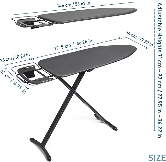 Duwee 17"x46" Ironing Board Full Size,Deluxe Ironing Board with Steam Iron Rest,Heat Resistant Cover and Thicken Felt Pad, Adjustable Height,Heavy Sturdy Legs,Black