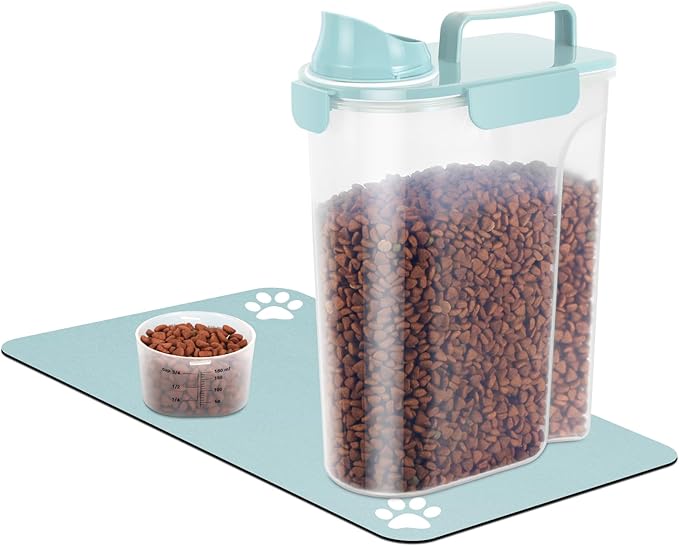 Dog Cat Storage Container Portable with Upgraded Large Spout and Cup, Plastic Pet Food Dispenser for Small Animal Kibble, Bird Seed, Oatmeal, Rice, Flour (2, Sky Blue, 5L (+ Pet mat))-NeatNest