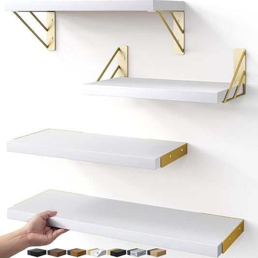 BAYKA Wall Shelves for Bedroom Decor, Floating Wall Shelves for Living Room Kitchen Storage, Wall Mounted Rustic Wood Shelves for Kids Books, Corner Shelf for Bathroom(White and Gold,Set of 4)-NeatNest
