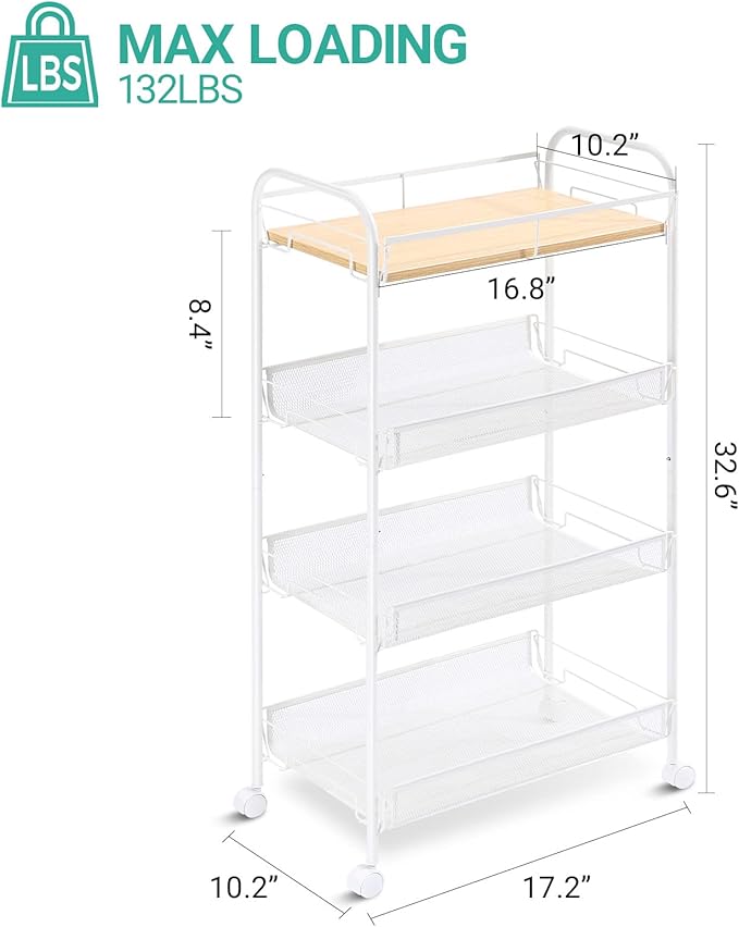 KINGRACK 4-Tier Rolling Cart,Metal Utility Cart with Wooden Tabletop,Easy Assemble Mobile Storage Trolley On Wheels,Craft Storage Cart for Bedroom Kid's Room Office Kitchen Bathroom,White