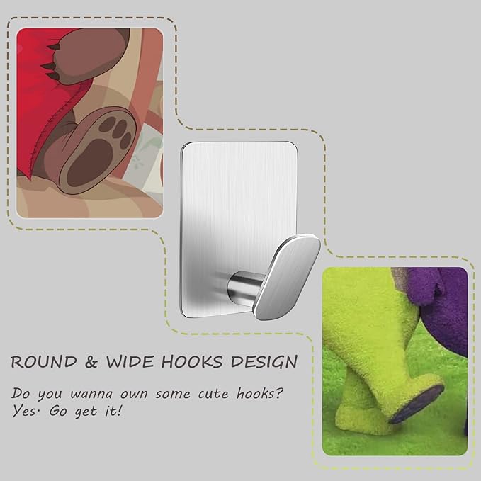 DELITON Adhesive Towel Hooks on Wall: Robe Hooks for Hanging Clothes Hats Stick on Bathroom/Kitchen SUS 304 Stainless Steel Silver-NeatNest