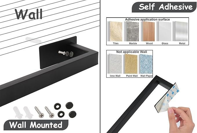 Bathroom Towel Bar Self Adhesive, No Drilling Towel Rack Easy to Install,Hand Towel Holder Made of Premium Stainless Steel Sticky on Hand Towel Hanger for Kitchen, Toilet(12IN, Black)-NeatNest