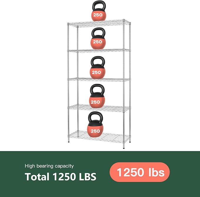 FDW 14" D×36" W×72" H Wire Shelving Unit Metal Shelf with 5 Tier Adjustable Layer Rack Commercial Strong Steel for Restaurant Garage Pantry Kitchen,Chrome