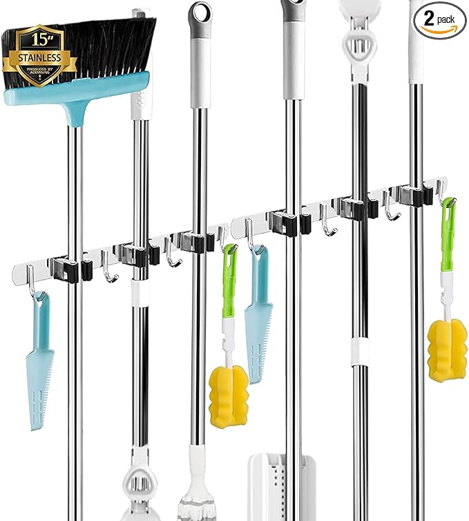 2 Pack 3 Racks and 4 Hooks Broom and Mop Holder Wall Mounted Garage Organizer Storage Tool Racks Stainless Steel Heavy Duty Hooks Self Adhesive Solid Non-slip Wall Hangers for Home Kitchen Garden-NeatNest
