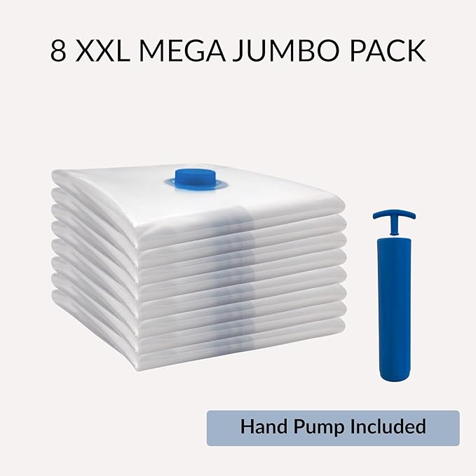 8 Mega Jumbo XXL Vacuum Storage Bags with Pump, Supersized Compression Space Saver for Comforter, duvet, Bedding, Blanket storage, Vacuum Seal Bags for Clothing, Durable Safe Poly Material-NeatNest