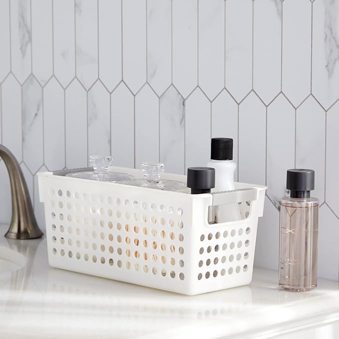 Farmlyn Creek Storage Baskets for Shelves - 4-Pack White Plastic Baskets w/ Gray Handles, 11.5 x 5.25 x 5 in - Narrow Shelf Bins & Closet Storage Bins for Bathroom, Nursery