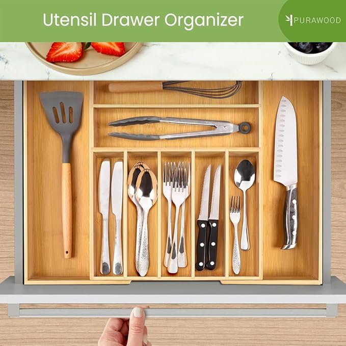 Bamboo Drawer Organizer, 2 Pack - Expandable Silverware Organizer & Utensil Drawer Organizer, Cutlery Tray with Dividers, 7-9 Slots- Premium Kitchen Organizer for Utensils & Flatware (Natural)-NeatNest