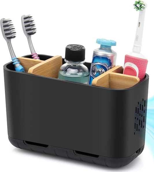Black Toothbrush Holder, Bamboo Toothbrush and Toothpaste Holder with Drainage, Electric Kids Matte Black Toothbrush Holders Set Organizer for Bathrooms Countertop Accessories Storage-NeatNest
