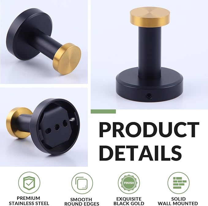 APLusee Bathroom Robe Towel Hook 2 Pack, Stainless Steel Round Clothes Holder, Toilet Bath Kitchen Door Wall Mounted Hanger, Black Gold