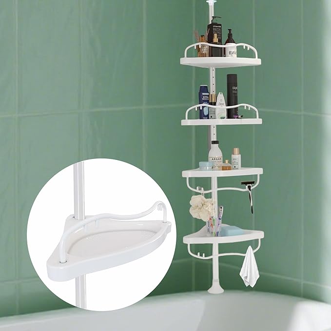Corner Shower Caddy with Tension Pole, Rustproof ABS Shower Shelves with 56-125 Inch Steel Poles, Drill Free Shower Organizer, 4 Layer Adjustable Shelves, Silver