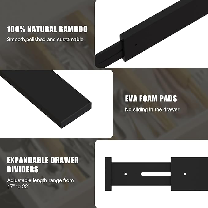 Bamboo Drawer Dividers,17-22" Adjustable Kitchen Drawer Organizer for Clothes,8 Pack Expandable Drawer Organization Separators for Bedroom,Bathroom,Dresser and Office,Black-NeatNest