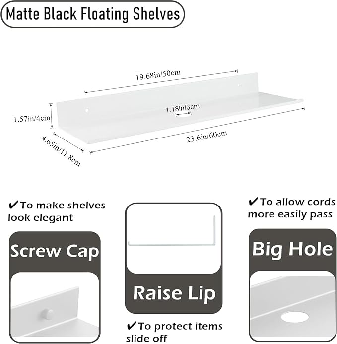 Z metnal Floating Shelves with Cable Hole, Long Metal Display Shelf for Collection Action Figures, Decor Wall Shelf, Aluminum, Wall Mounted, White, 20 inch, 2 Pack-NeatNest