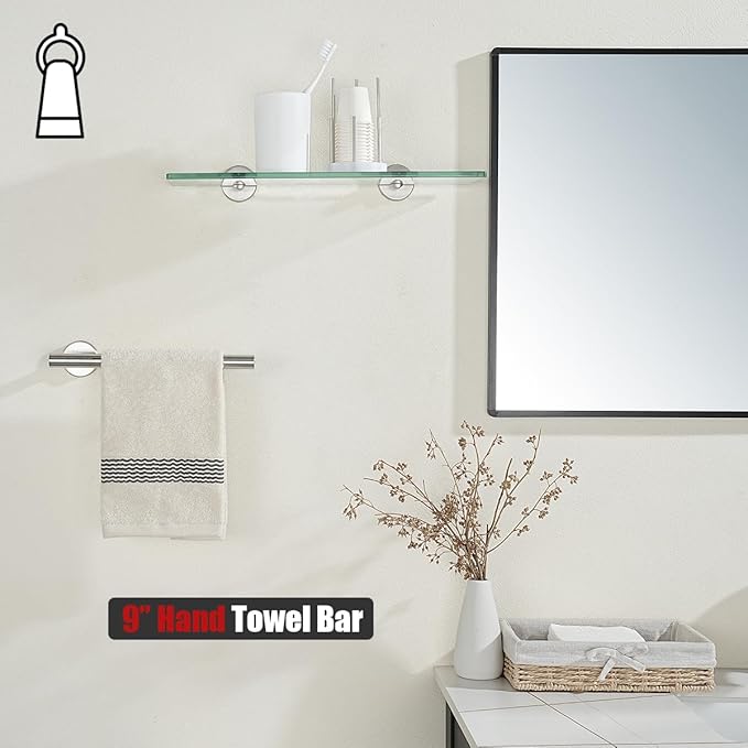 JQK Hand Towel Holder Towel Ring, 10 Inch Thicken 0.8mm 304 Stainless Steel Bathroom Hand Towel Bar, 9 Inch Useable Length Wall Mount Towel Rack Hanger, Brushed Steel, THH110L9-BN