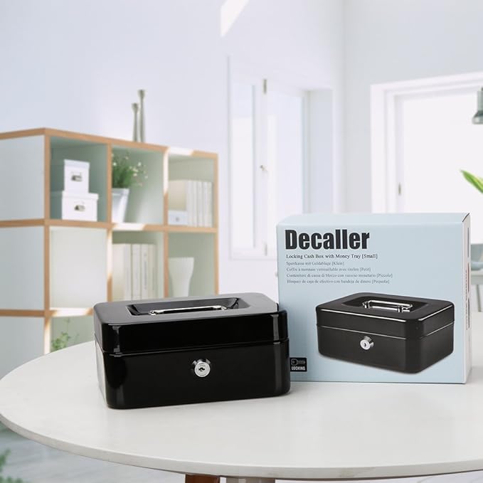 Decaller Cash Box with Money Tray, Metal Locking Money Box with Key Lock for Security, 7 4/5" x 6 4/5" x 3 3/5", Black, QH2003S-NeatNest