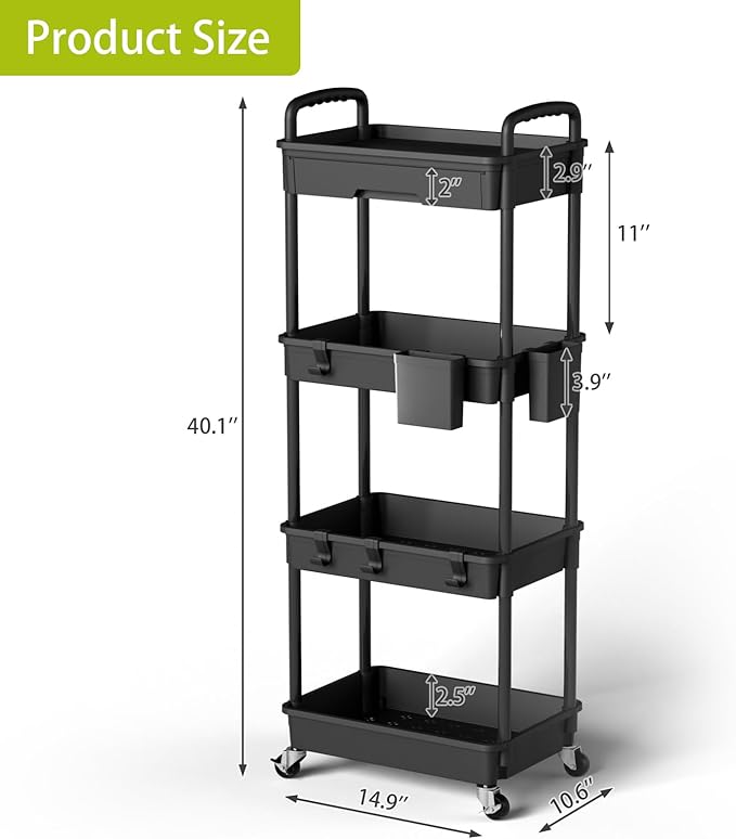 4 Tier Rolling Cart Organizer,Art Craft Diaper Bedside Snack Laundry Room Bathroom Organizer Narrow Thin Slim Rolling Trolley Utility Cart with Wheels for Kitchen,Office(Black)-NeatNest