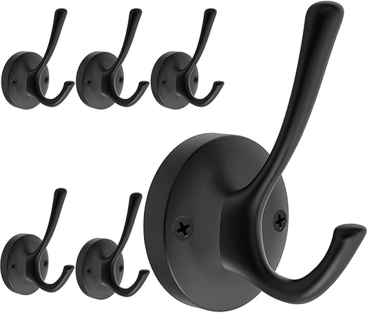 Black Wall Hooks, 6 Pack Coat Towel Hook Heavy Duty Metal Double Bath Robe Hook Wall Mounted, Hat Hooks for Cubicle Bathroom Kitchen Closet Garage-NeatNest