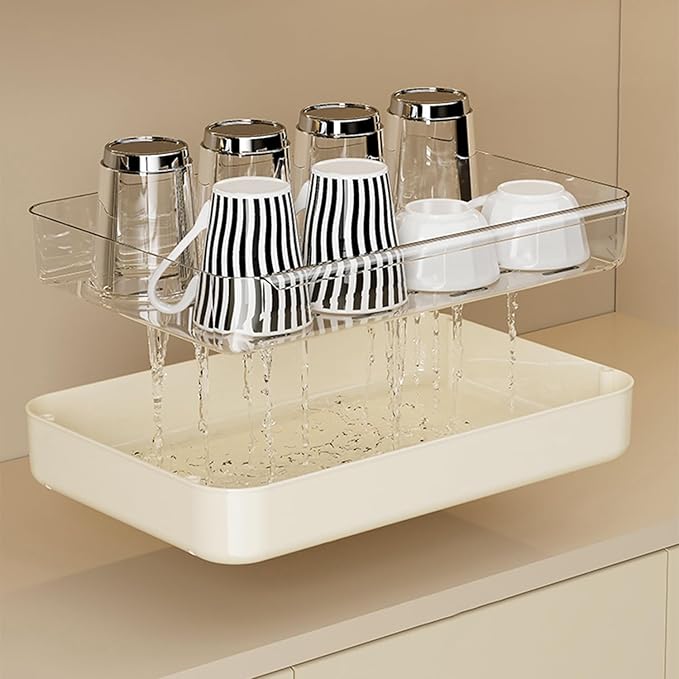 Countertop Coffee Station Organizer, 2 Tier Wine Glass Holder, Mug Shelf with Removable Drain Tray, Spice Rack for Kitchen, Bathroom Countertop Organizer, Cream White-NeatNest