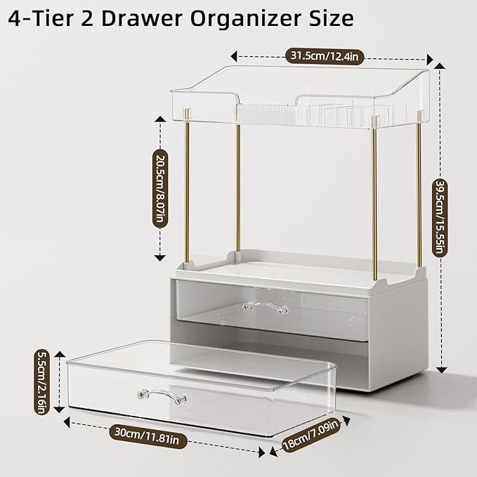 4-Tier 2-Drawer Bathroom Organizer Counter Organization, Multi-Purpose Makeup Skincare Organizers with Compartment, Easy to Install, Exquisit Vanity Shelves, Clear