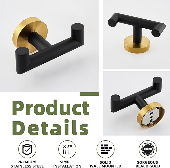 APLusee Black Gold Double Towel Hook, Stainless Steel Robe Hook for Bathroom, Wall Mounted
