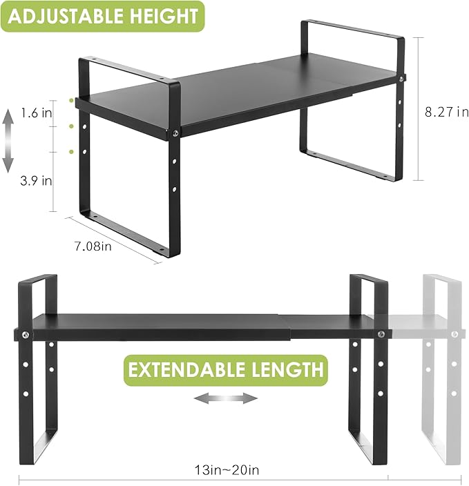 Expandable Cabinet Shelf Organizer Rack, Stackable Kitchen Counter Storage Shelves Stand, Adjustable Height Pantry Shelf Spice Rack (Black, 1 Pack)-NeatNest