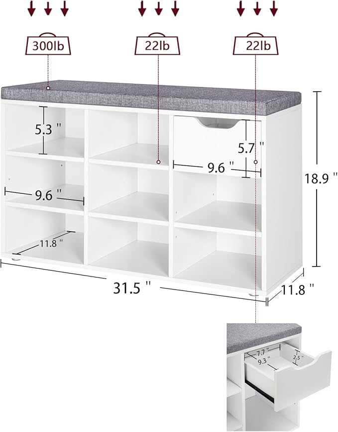 DINZI LVJ Shoe Bench,Entryway Storage Bench with Drawer and 8 Cubbies,Cubby Rack Adjustable Shelves,Shoe Organizer Cabinet for Living Room,Bedroom,Mudroom,Closet Garage,White-NeatNest