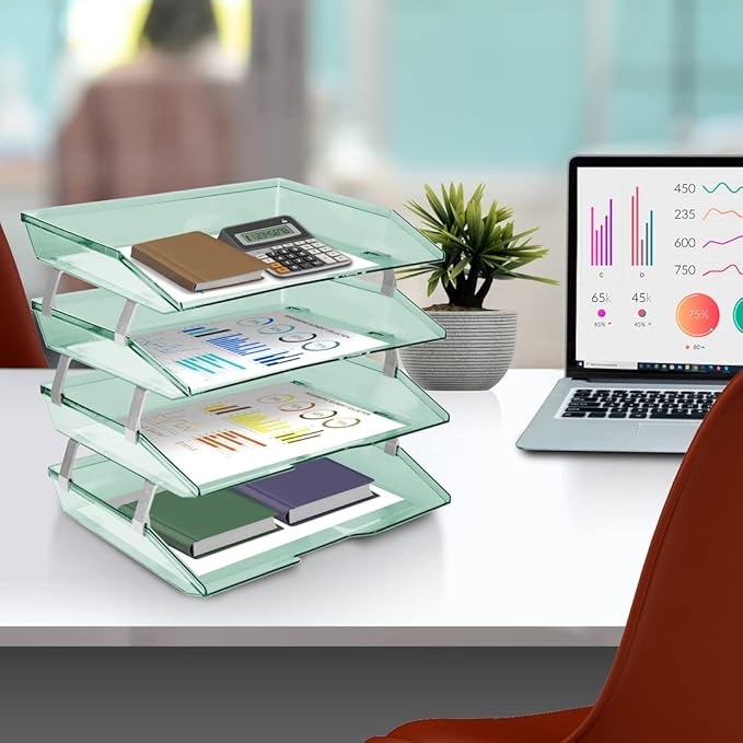 Acrimet Facility 4 Tier Letter Tray, Side Load, Letter Size/A4, Desktop File Organizer, Plastic (Clear Green)-NeatNest