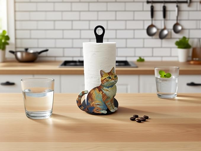 Decorative Paper Towel Roll Holder,Easy One-Handed Tear Kitchen Paper Towel Dispenser, Standing Paper Tower Holder Countertop Black for Kitchen and Bathroom (1Pack, Colorful Cat)-NeatNest