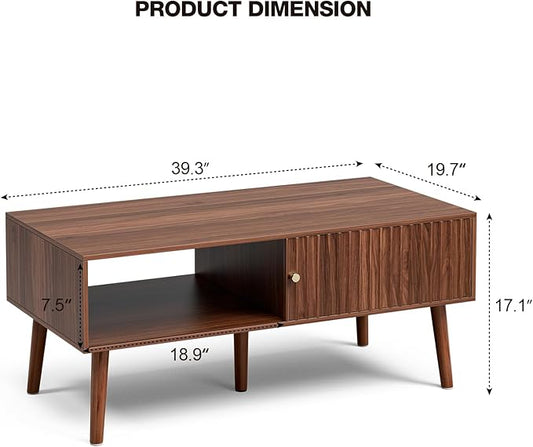 Coffee Table with Storage, Mid Century Dining Table with Sliding Fluted Door and Solid Wood Legs, Small Coffee Tables for Living Room, Walnut-NeatNest