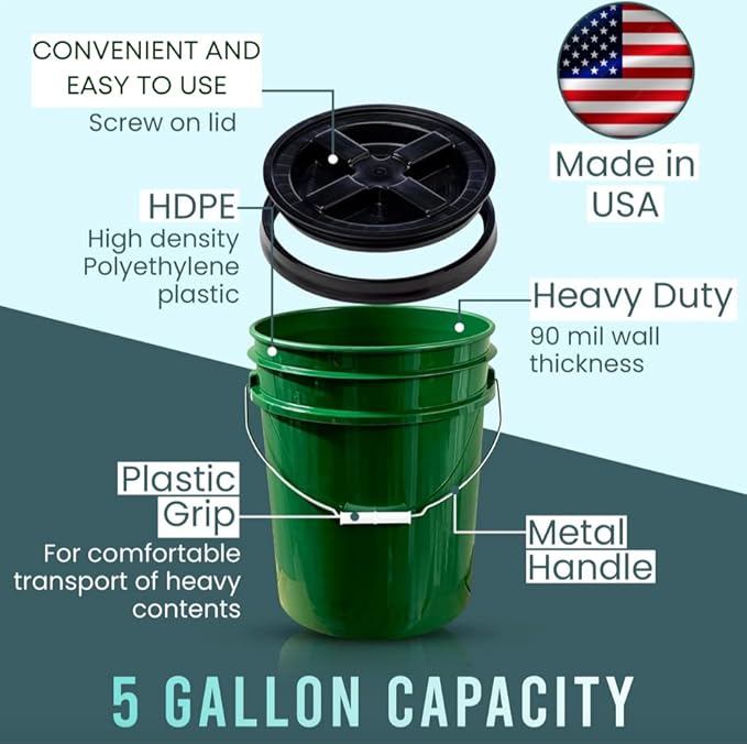 House Naturals 5 Gallon Food Grade BPA Free Container Dark Green Bucket with Screw On Black Lid