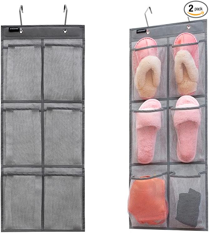 2 Pack Minimalist Black Over The Door Hanging Closet Shoe Holder Organizer with 6 Pockets (Mesh Pockets)-NeatNest