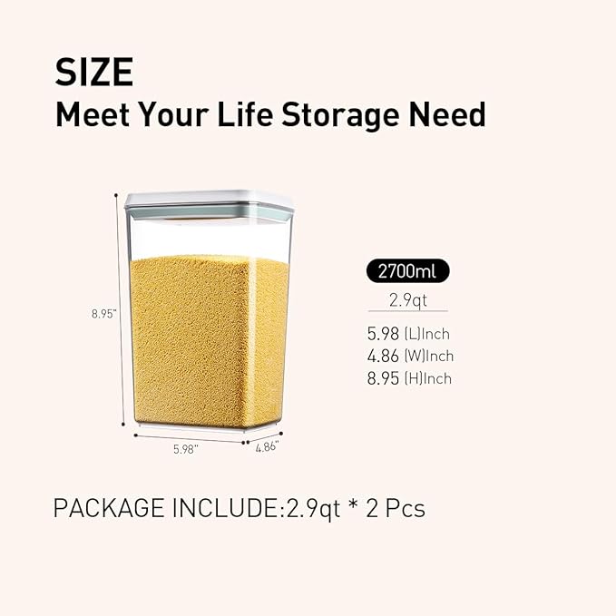 Food Storage Containers with Lids,2.9Qt 2Pcs Airtight Pop Food Storage Containers, BPA-Free Stackable Kitchen Pantry Organizers and Storage, One Button Opening Flour and Sugar Container Sets-NeatNest