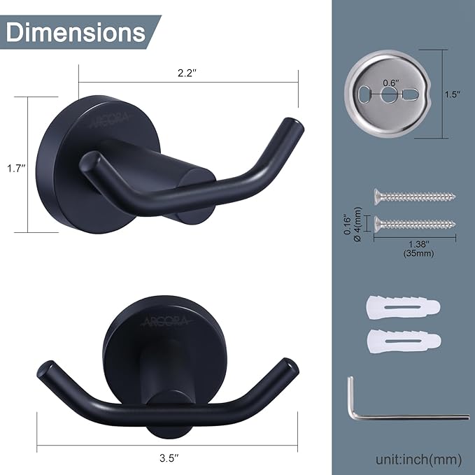 ARCORA Black Towel Hooks, SUS 304 Stainless Steel Wall Hooks, Heavy Duty Robe Hooks 1 Pack, Towel Hooks for Bathroom Wall Mounted
