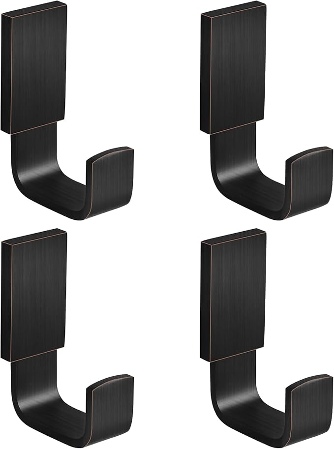 BESy Brass Clothes Hook Single Towel Hook for Bathroom Kitchen Garage Square Style Robe Hooks Coat and Hat Hook, Self Adhesive with Glue or Wall Mounted with Screws, Four Packs, Oil Rubbed Bronze-NeatNest
