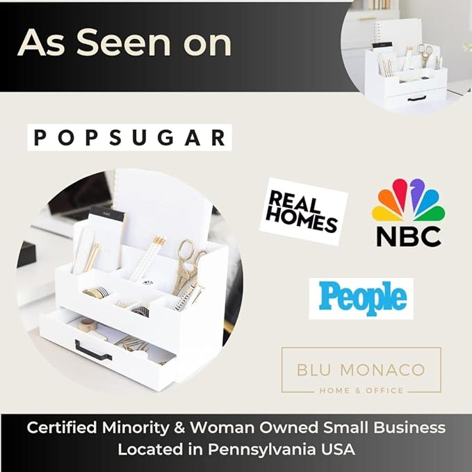 BLU MONACO White Wooden Desk Organizer with Drawer – Office Desk Caddy for Supplies and Accessories – Stylish Desktop Storage for Women-NeatNest