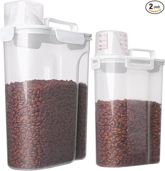 Dog Food Storage Container, 5-7 Lbs Airtight Pet Food Container, Cat food Container Dispenser with Portable Handle, Pouring Spout and Measuring Cup for Dogs Cats 2Pack White/6Qt-NeatNest