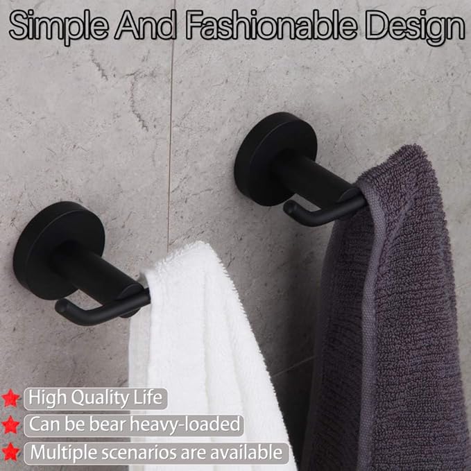 GERZ Bathroom Matte Black Coat Hook SUS 304 Stainless Steel Double Towel/Robe Clothes Hook for Bath Kitchen Modern Hotel Style Wall Mounted 2 Pack AG61908-2BK