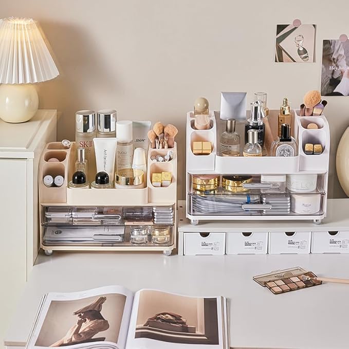 Makeup Organizer with 2 Drawers, Cosmetic Display Case, Storage Holder for Vanity, Bathroom Counter, Desk, Beauty Supplies (White)