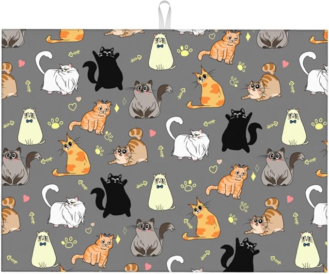 Cute Cat Dish Drying Mat 18 x 24 Inch for Kitchen Counter Cute Kitchen Mat Microfiber Kitchen Countertop Absorbent Reversible Drainer Rack Pad Dish Drying Mat 1PC-NeatNest