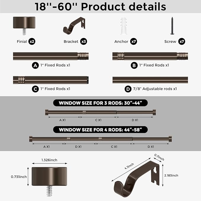 Bronze Curtain Rods for Windows 28 to 48 Inch(1.5-5 Feet), 1" Diameter Drapery Rods with Modern Style End Cap Finials,Size:30-60 Inch, Antique Bronze-NeatNest