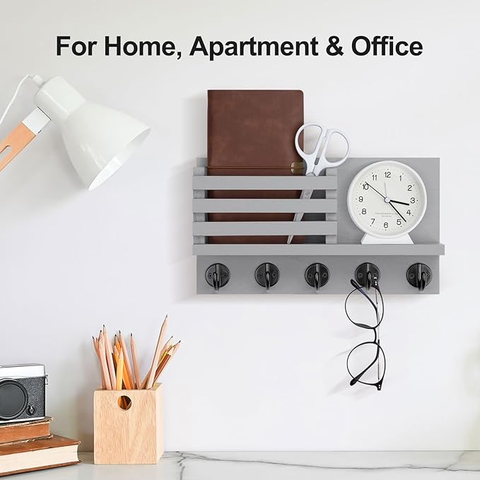 Key Holder for Wall – Decorative Wooden Mail Holder and Key Shelf with Mounting Hardware, Installation Guide – Paulownia Wood with 5 Metal Key Hooks (11.8” x 6.7” x 2.8”)