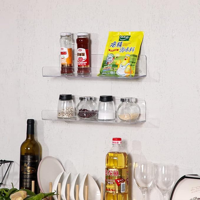 CY craft 4 PCS Clear Acrylic Floating Wall Ledge Shelf 15 Inch Wall Mounted Nursery Kids Bookshelf, Invisible Hanging Shelves for Wall Storage,Toy Picture Ledge Display Shelf Bathroom Storage Shelves-NeatNest