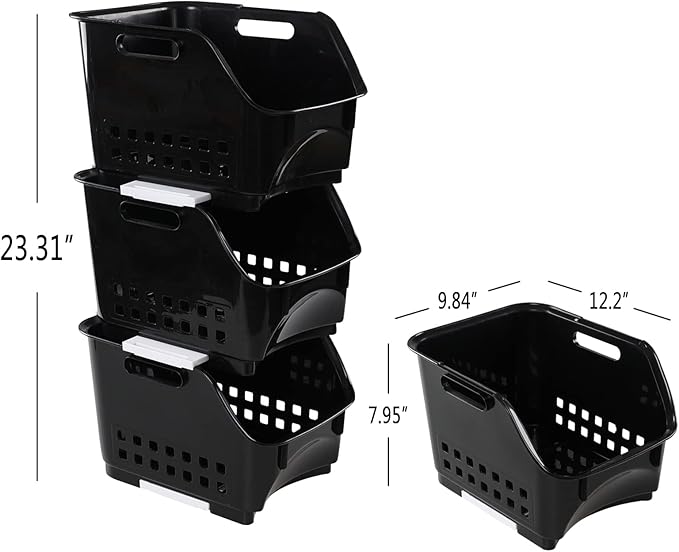 3 tier Kitchen Stacking Open Storage Bins, Plastic Stackable Storage Baskets