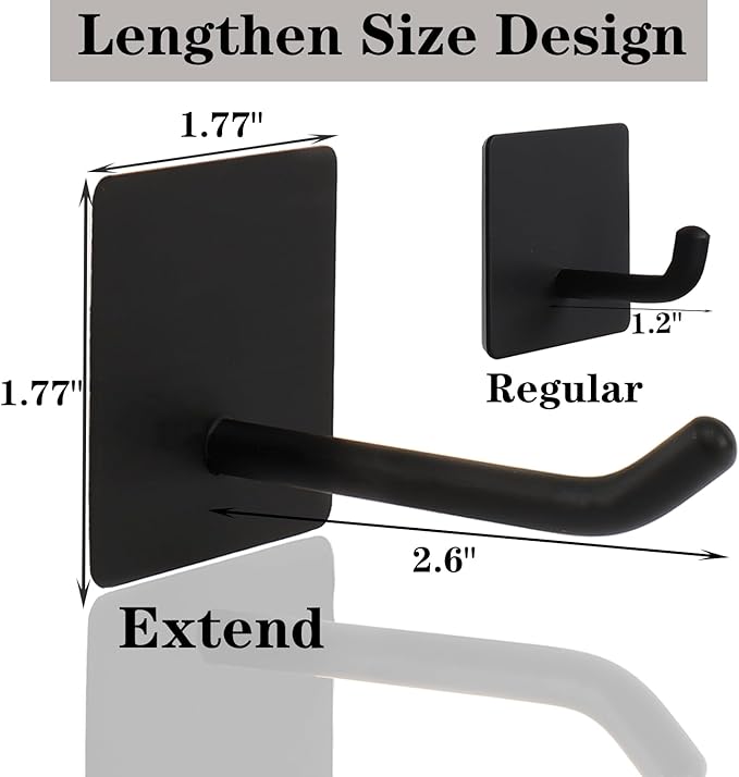Bath Towel Hooks - 6 Pack Long Self Adhesive Coat/Clothes Hooks, No Drilling Strong Sticky Hooks, Heavy Duty 304 Stainless Steel Shower Wall Hook for Bathroom Kitchen Bedroom(Matte Black)