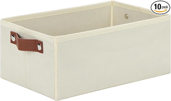 DULLEMELO Fabric Storage Bin with PU Handles, Decorative Basket and Organizer, Collapsible Bin for Toy and Clothes Storage (Light Beige, 11.8L*7.9W*5.1H)-NeatNest